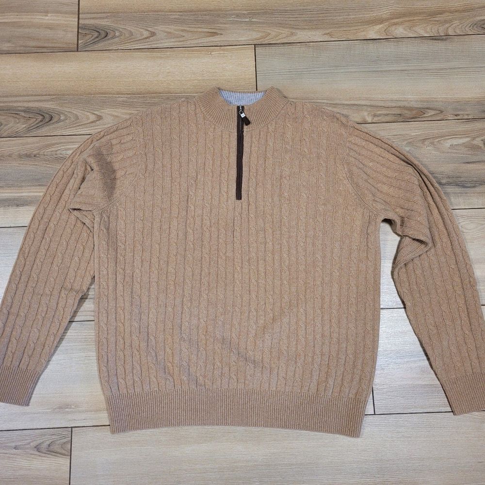 Peter Millar Crown Fleece Wool Quarter Zip Cable Knit Camel Sweater Size XL